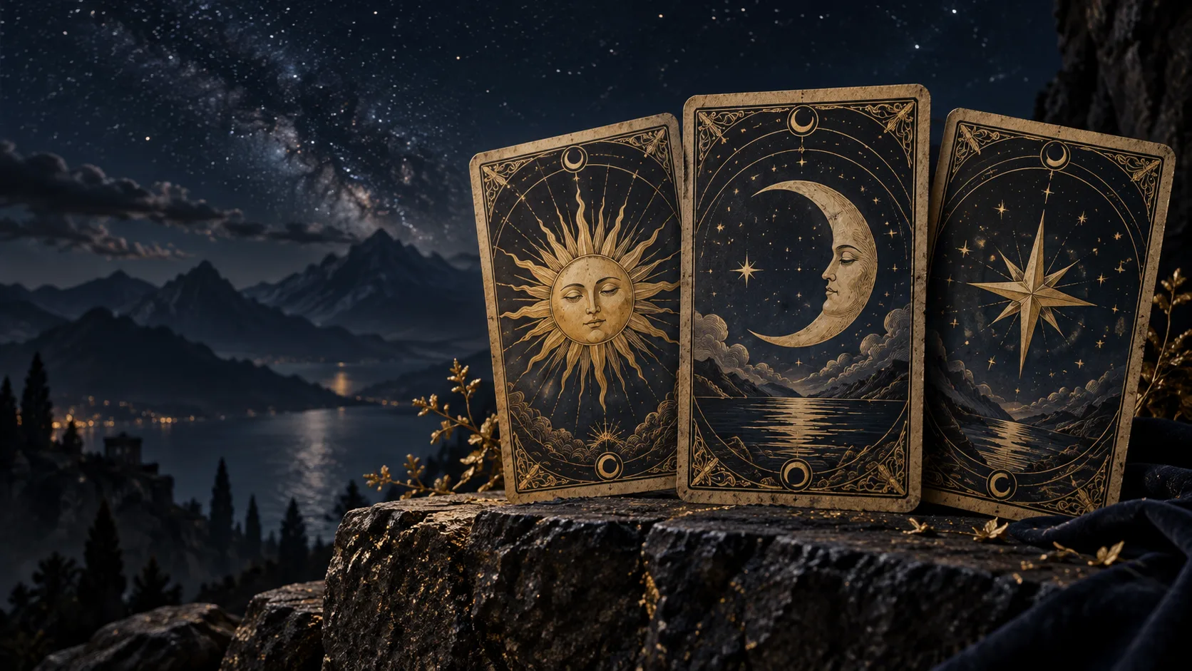 Három arany és mélykék szimbolikus Tarot-kártya.